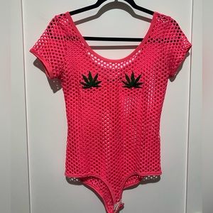 Bright Coral Fishnet Bodysuit with Weed Patches